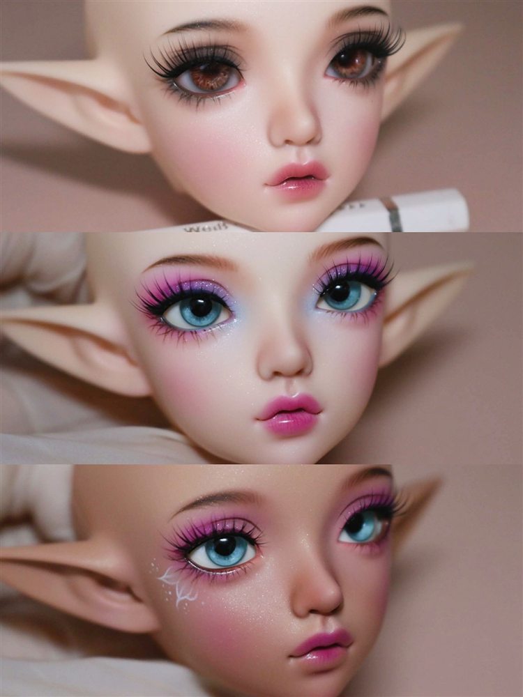 Three stacked photos of elf doll face-ups: brown eyes, then blue eyes with pink eyeshadow, then a tan elf with glitter details.