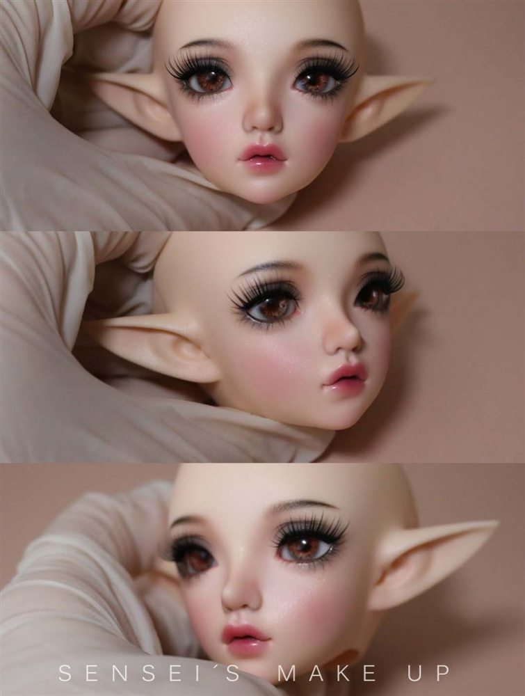 Three views of an elf doll face-up with warm brown eyes, thick lashes, rosy cheeks and a glossy pink lip.