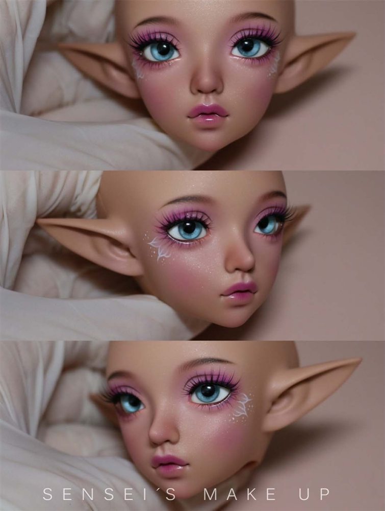 Three views of a tan elf doll face-up with blue eyes, pink eyeshadow and small white star-like details under the eyes.