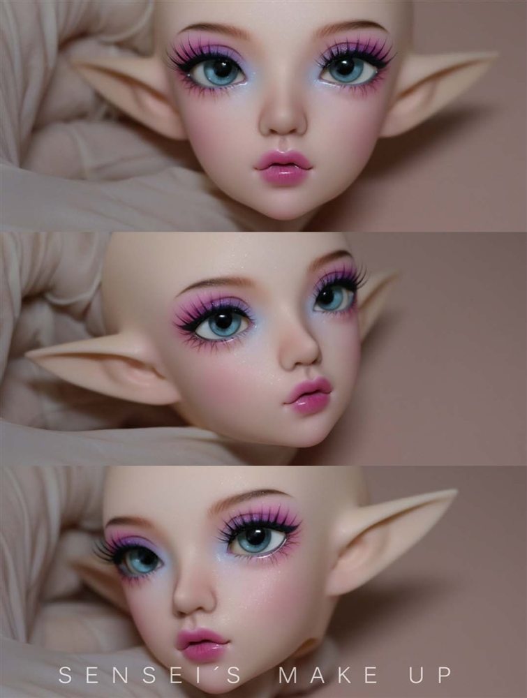 Three views of an elf doll face-up with blue eyes, bright pink and lilac eyeshadow and a glossy pink lip.